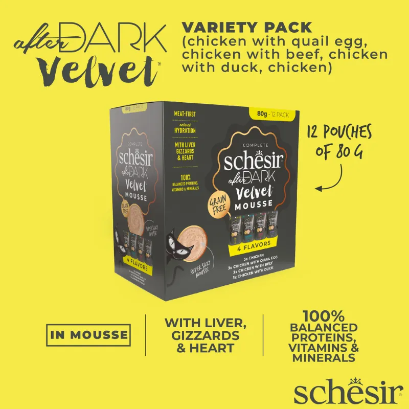 Schesir After Dark Velvet Mousse In Broth Variety Pack For Cat 960g (80g x12 Pouch) - 4 Flavors ( 3 Pouch Each Flavor) (4).webp