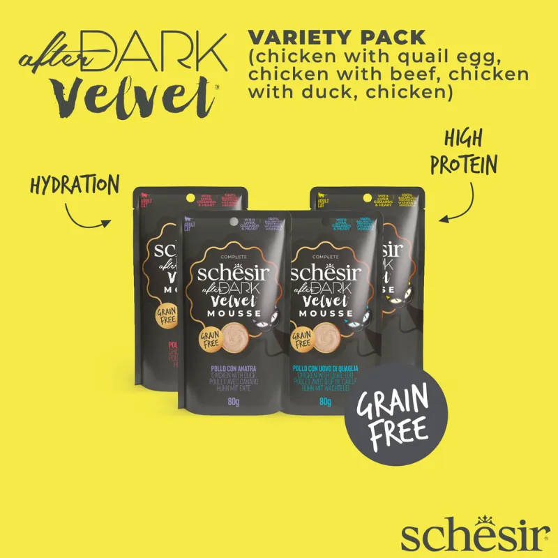 Schesir After Dark Velvet Mousse In Broth Variety Pack For Cat 960g (80g x12 Pouch) - 4 Flavors ( 3 Pouch Each Flavor) (3).webp