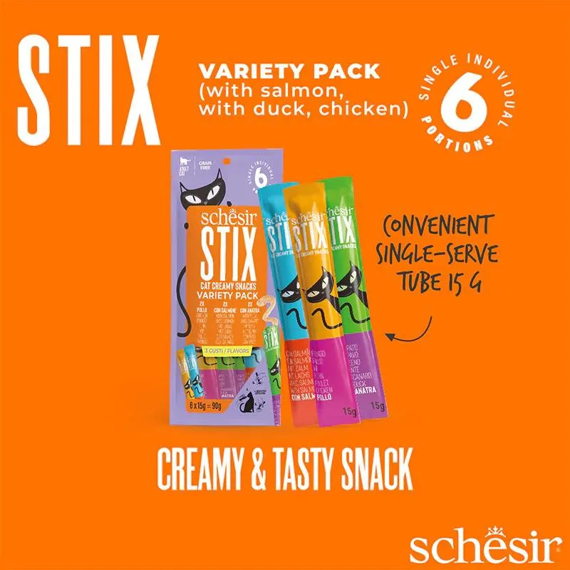 Schesir Stix Treat Variety Pack  6x15g - Mixed Flavors_ Chicken,Duck & Salmon, (Min Order- 12 Pack) (4).webp