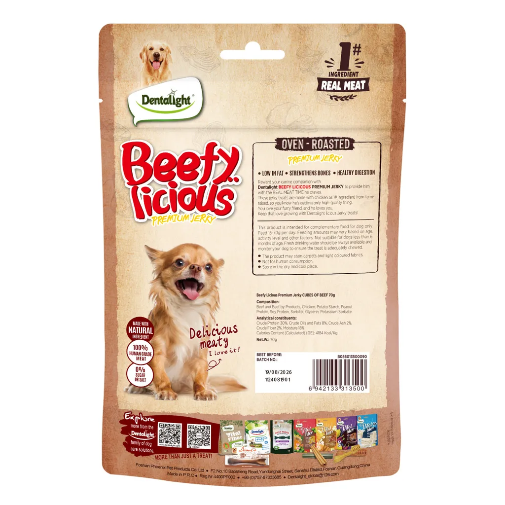 Dentalight Beefy Licious Jerky Treats For Dogs-Cube of Beef 70g.webp