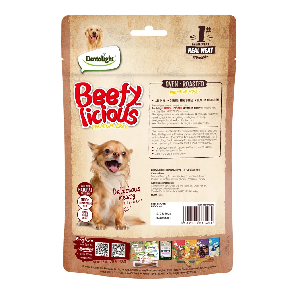 Dentalight Beefy Licious Jerky Treats For Dogs-Strip of Beef 70g.webp