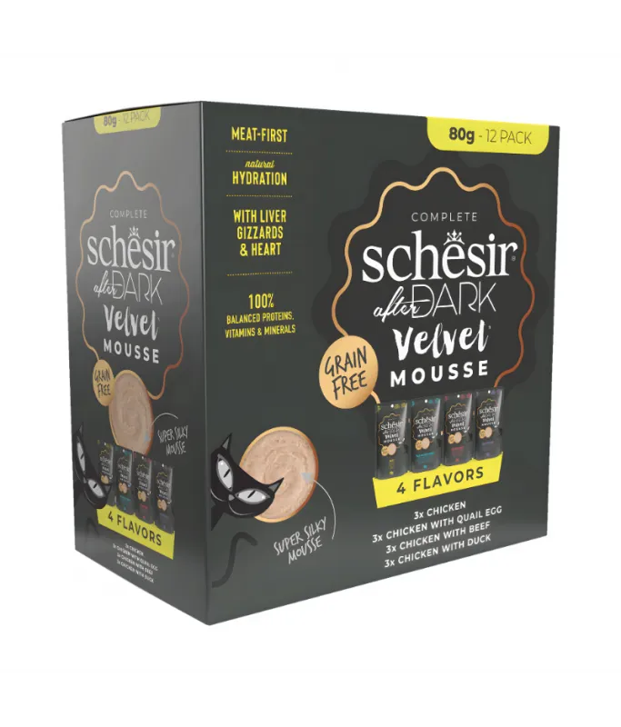 Schesir After Dark Velvet Mousse in Broth Variety Pack For Cat 80g x12 Pouch 4 Flavors ( 3 Pouch Each Flavor)