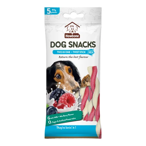 Howbone Dog Snacks Two in One Twist Stick 80g (5pcs) Goat's Milk+Mixberry