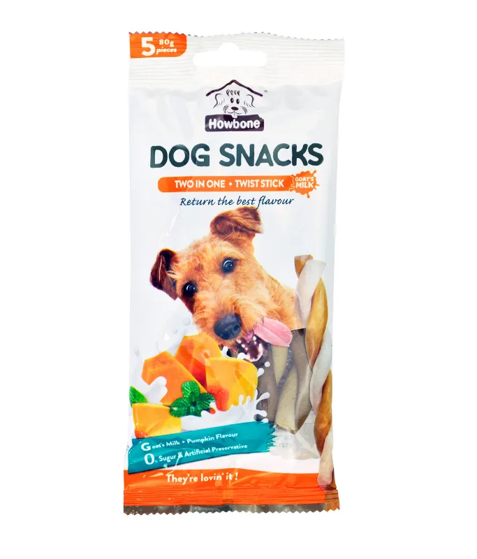 Howbone Dog Snacks Two in One Twist Stick 80g (5pcs) Goat's Milk+Pumpkin Flavour