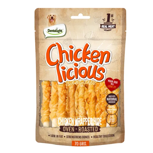 Dentalight Chicken Licious Jerky Treats for Dogs 70g Chicken Wrapped Hide