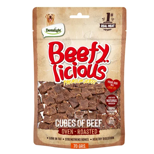 Dentalight Beefy Licious Jerky Treats For Dogs 70g Cube of Beef