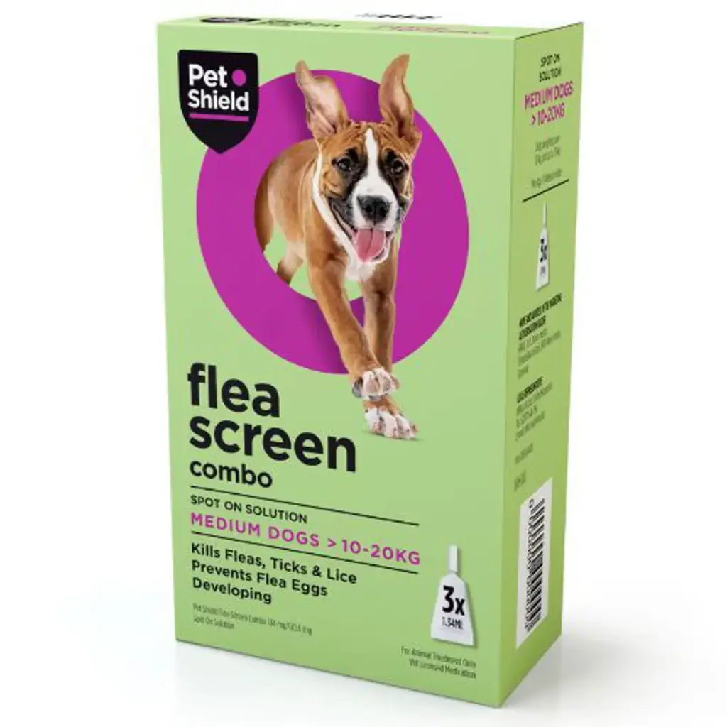Pet Shield Flea Screen Combo 134mg/120.6 mg Spot On Solution for Medium Dogs >10-20kg box of 3 pipettes