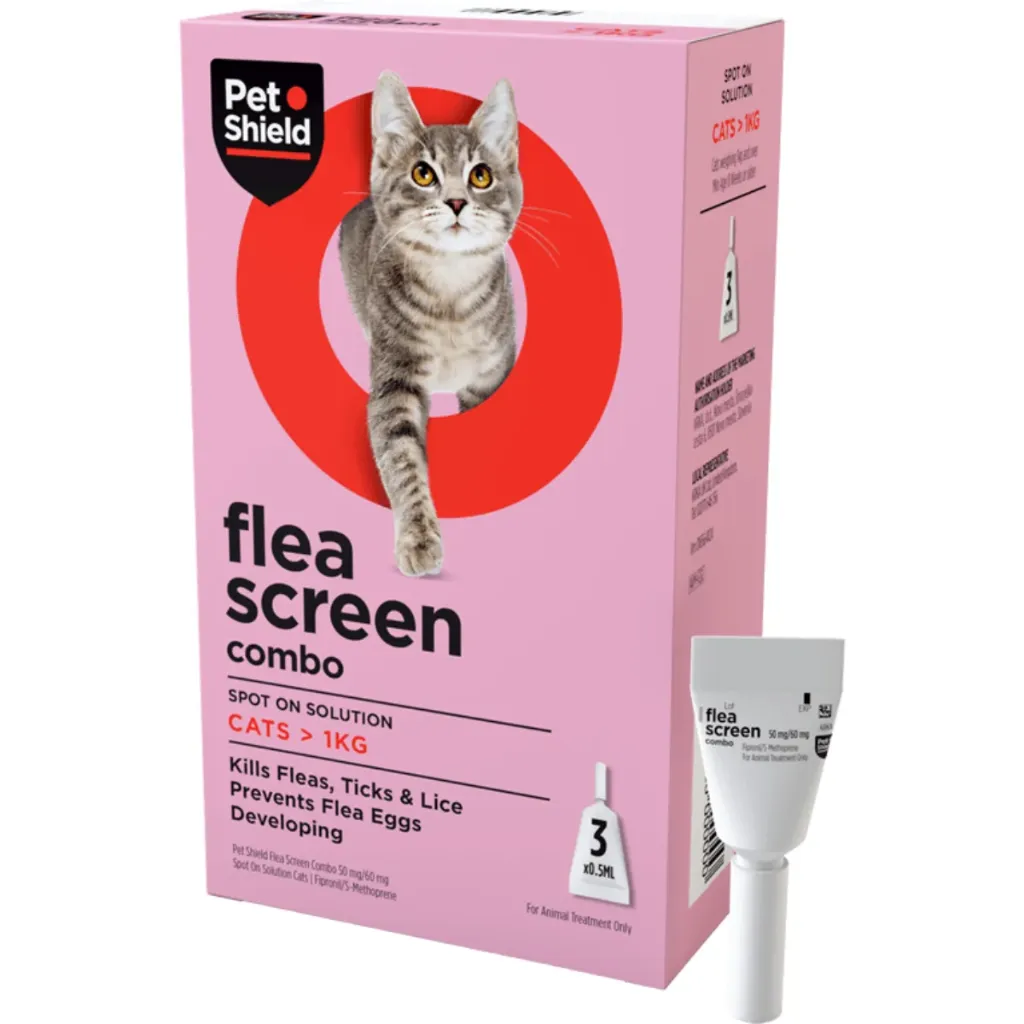 Pet Shield Flea Screen Combo 50mg/60 mg Spot On Solution For Cats >1 KG Box of 3  pipettes