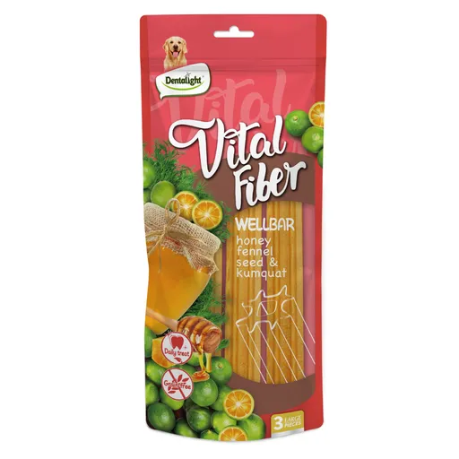 Dentalight Vital Fiber Wellbars 6" Treat for Dogs 250g Honey, Fennel Seed & Kumquat 3pcs