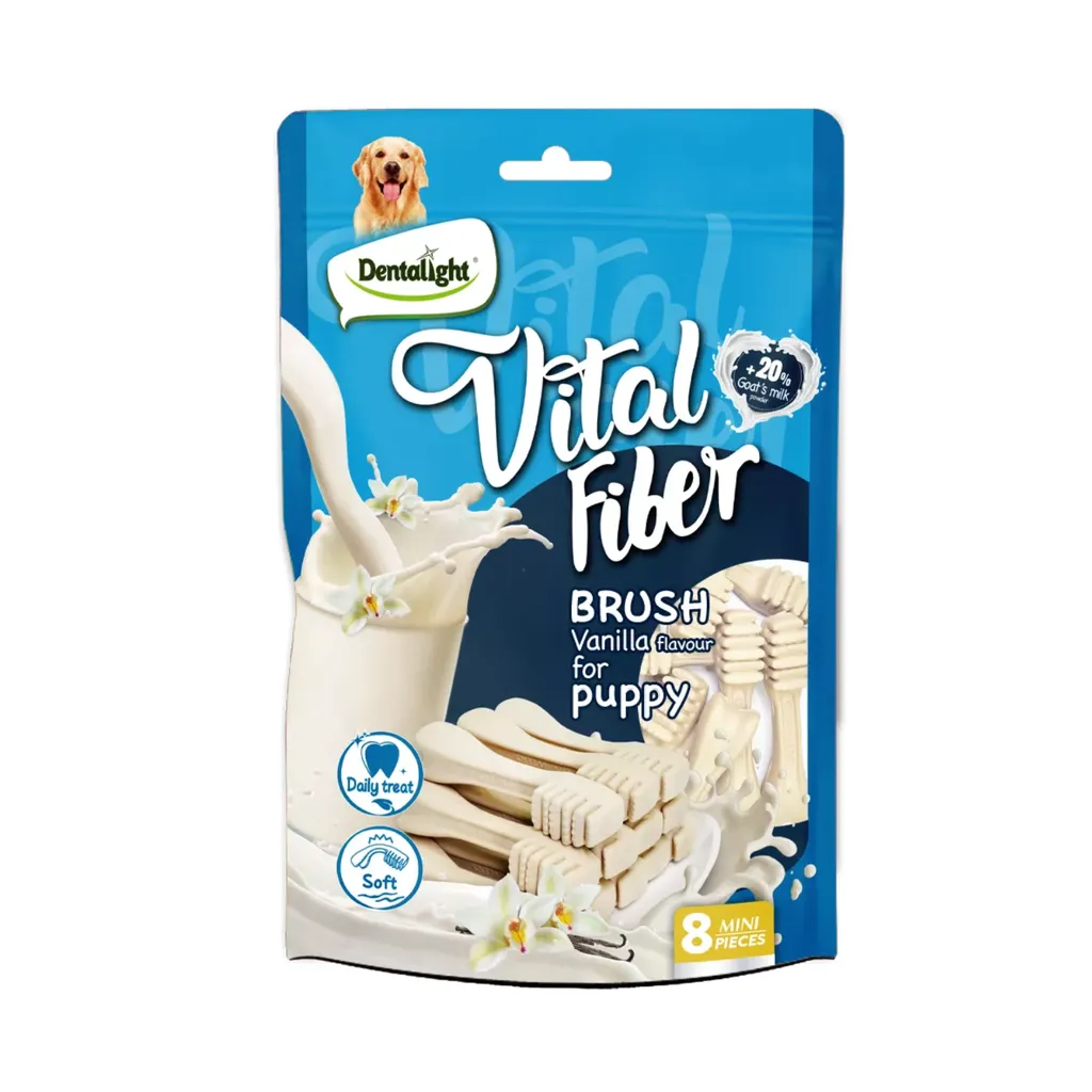 Dentalight 2.7" Vital Fiber Brush Dog Snack 8pcs with 20% goat's milk powder Vanilla flavour 80g