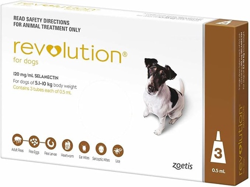 ZOETIS | REVOLUTION Dog (Brown) 60mg selamectin 5-10 kg (10.1-20 lbs) | 3 doses topical solution