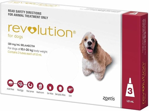 ZOETIS | REVOLUTION Dog (Red) 120mg Selamectin 10-20Kg (20.1-40 lbs) | 3 doses topical